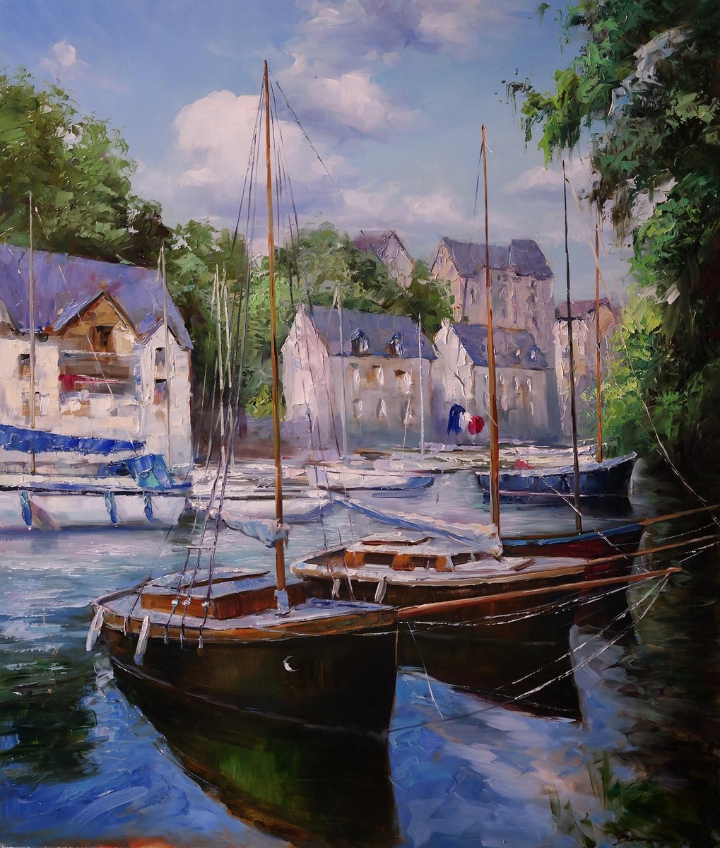 Impressionistic Landscape Oil Painting By Gennady Vylusk, 24 X 28, Cozy Pier, Original Artwork