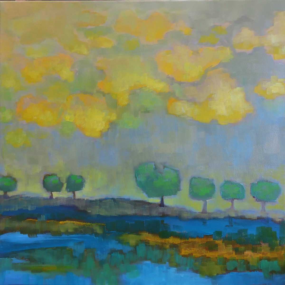Impressionistic Landscape Oil Painting By Veta Barker, 24 X 24", Somewhere Rainy., Original Artwork