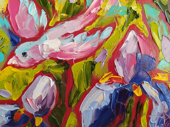 Dance in the garden - love, birds, hummingbird, love, irises, flowers, oil painting, irises flowers, gift idea