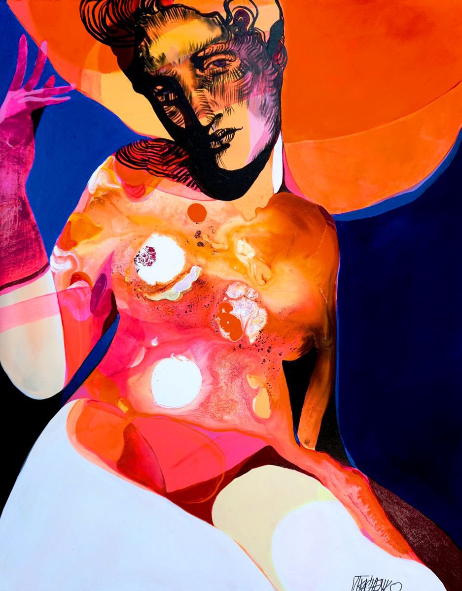 Impressionistic Portrait Acrylic Painting By Victor Tkachenko, 22 X 28", Hot Day, Original Artwork