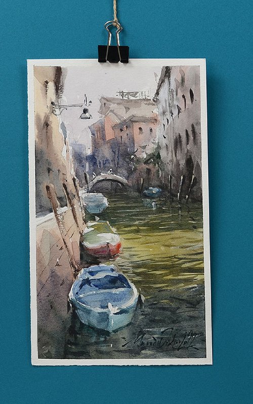 Venice boats scene, watercoloru painting, 2022 by Marin Victor