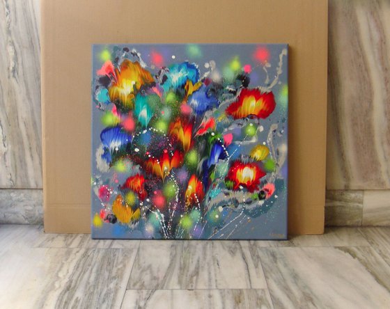 28" Floral Painting on canvas ”Flowers in Silver”