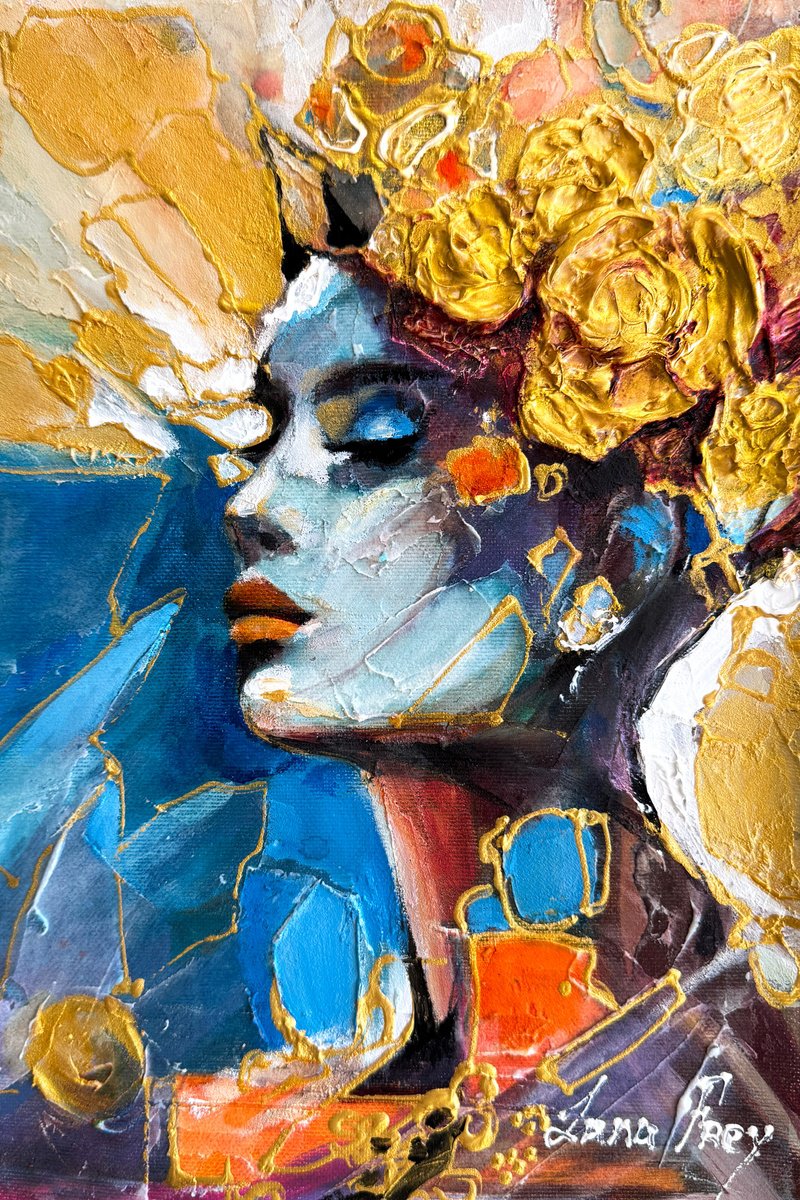 Expressive Portrait Oil Painting By Lana Frey, 8 X 12", Golden Silence, Original Artwork