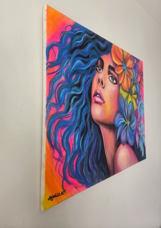 Surreal Floral Goddess - Oil Pastel Portrait