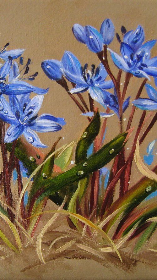Vibrant Blue Flowers, Spring Flowers and Bee, Realistic Nature Scenery by Natalia Shaykina