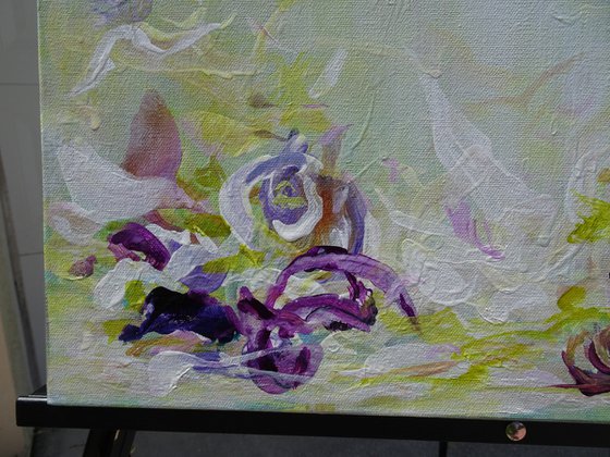 Original Abstract Floral Botanical Painting Textured Art Green Violet Purple Flowers. Textured Modern Impressionistic Art. 2021