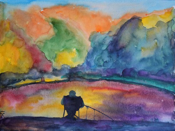 Fall watercolor painting Fisherman near autumn forest lake, Bratislava Slovakia