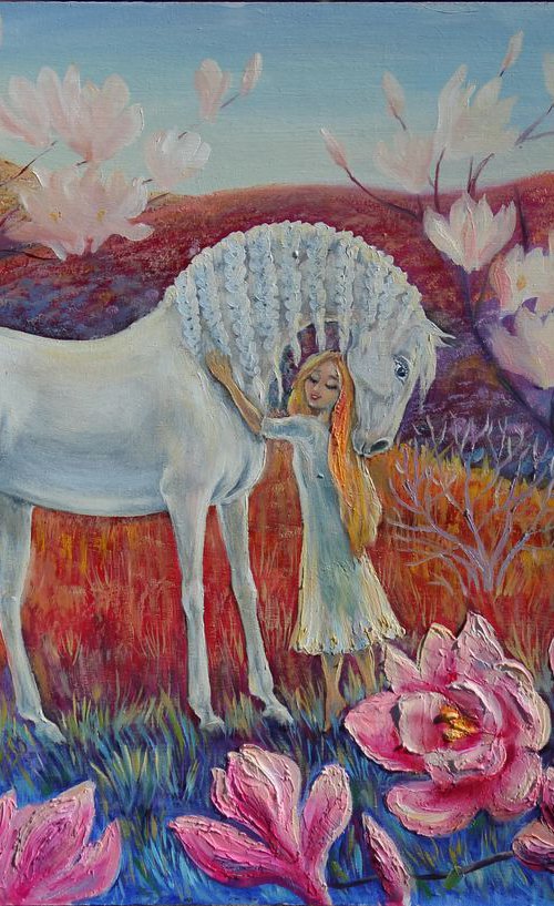 Girl and a white horse by Elina Vetrova