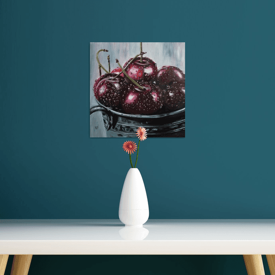 Ripe cherries in a bowl , gift, original oil painting