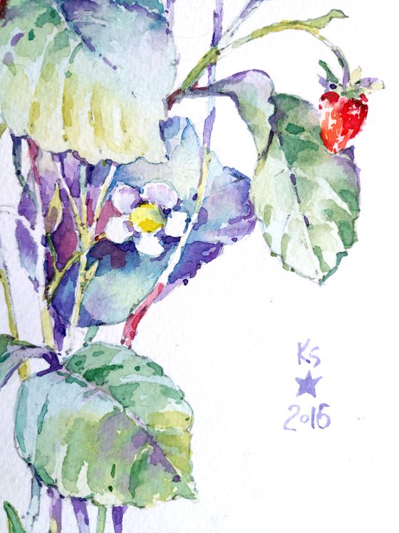 "Bouquet of strawberry sprigs" modern watercolor botanical sketch