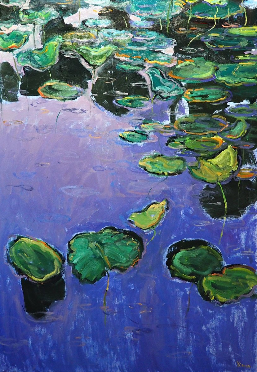 Impressionistic Landscape Oil Painting By Yuanyuan Liu, 28 X 39", Lotus Leaves, Original Artwork