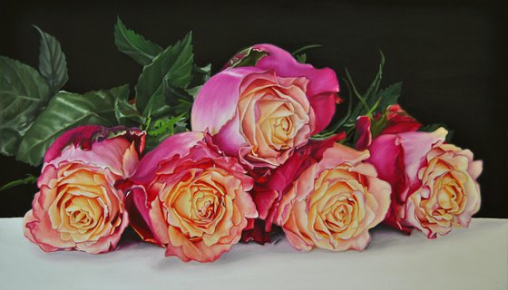 Roses Painting, Still life with Flowers, Pink Rose, Creamy Garden Rose