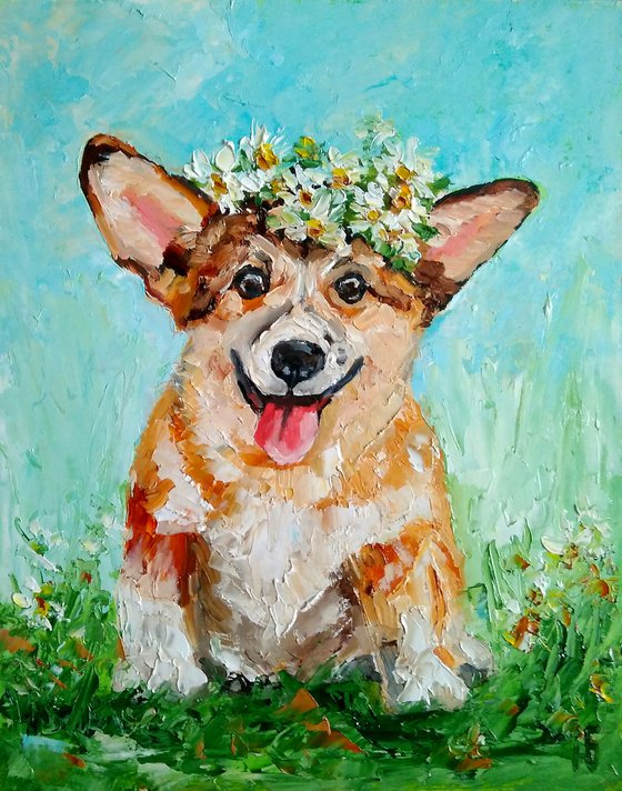 Summer Smile, Smiling Corgi Painting Original Art Dog Artwork Pet Portrait Floral Daisies Wreath Wall Art