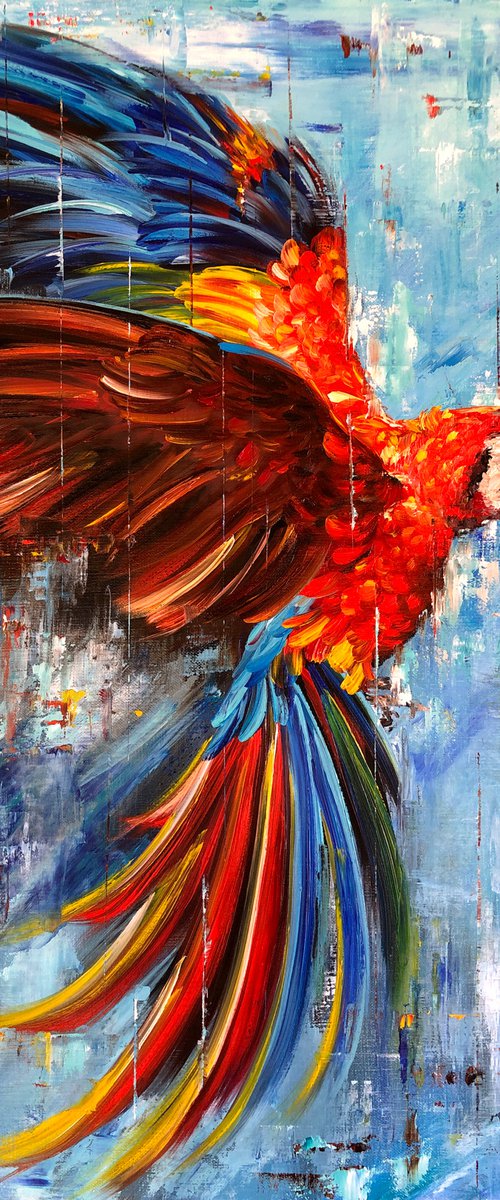 BRIGHTNESS OF FLIGHT - Red bird. Bright parrot. Ara parrot. A bird with large wings. Soaring parrot. Colorful feathers. Large beak. Lush tail. Blue background. by Marina Skromova