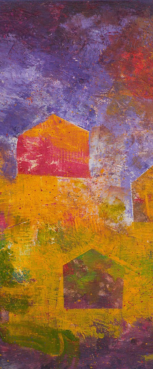 Houses floating into the Sunrise - Abstract painting by Peter Zelei