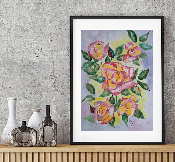Roses Painting Floral Original Art Flowers Watercolor Artwork Small Wall Art 12 by 17" by Halyna Kirichenko