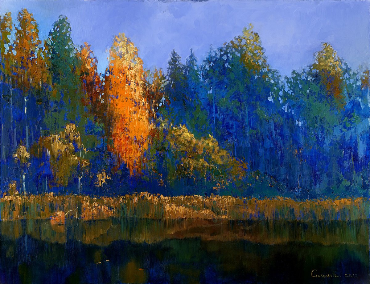 Impressionistic Landscape Oil Painting By Kateryna Guseva, 51 X 39", Ultramarine Autumn, Original Artwork