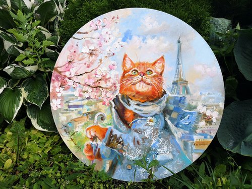 Cat Original Art, Painting on a round canvas by Annet Loginova