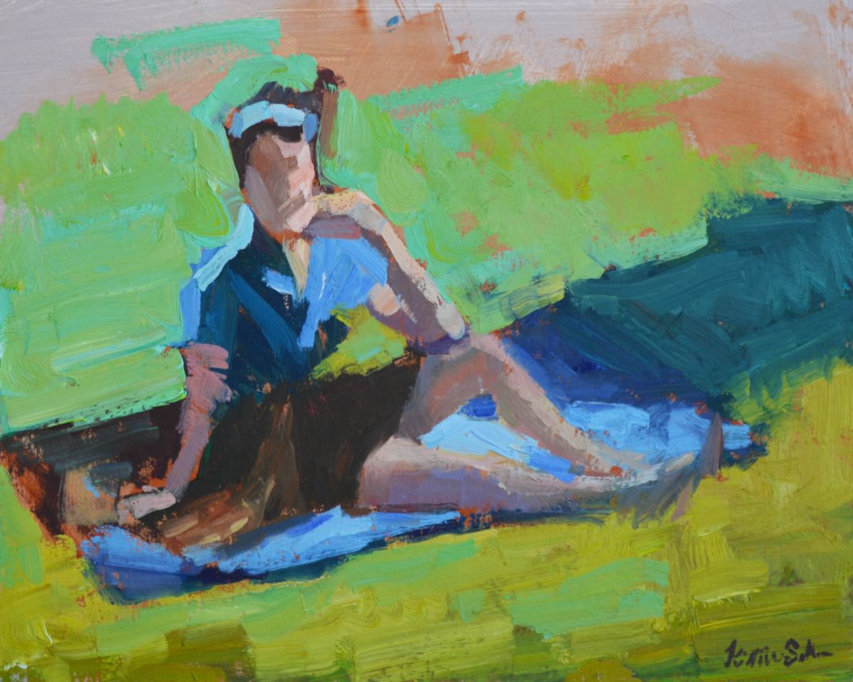 Impressionistic Portrait Oil Painting By Kristina Sellers, 14 X 11", Girl On The Grass Study, Original Artwork