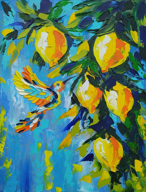 Lemon tones - lemon, oil painting, bird, lemons oil painting, bird in flight, lemons on the tree, nature