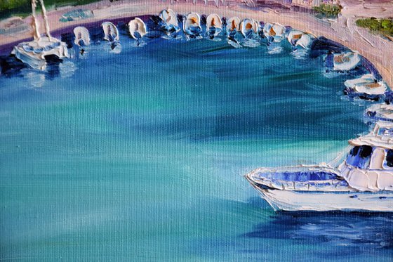 Ships seascape large oil painting on canvas, Greece panorama, coastal home decor