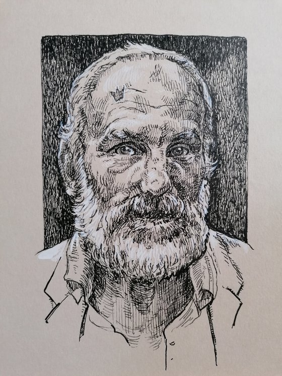 King of life. Pen and ink drawing. Old man portrait