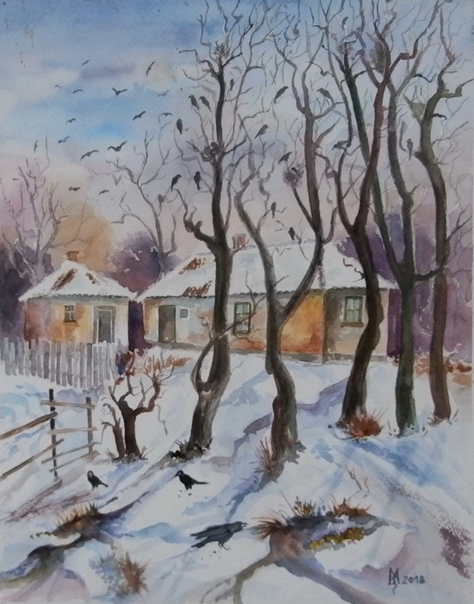 Impressionistic Landscape Watercolour By Zoran Mihajlovic Muza, 12 X 15", Birds, Original Artwork