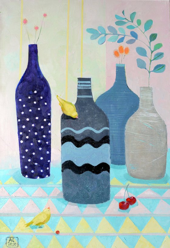 Still life with blue bottles