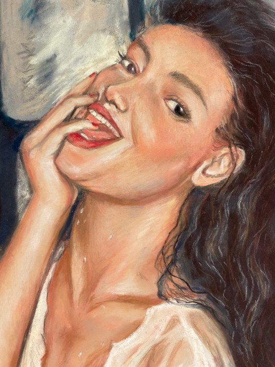 Sexy woman in wet shirt - soft pastel drawing