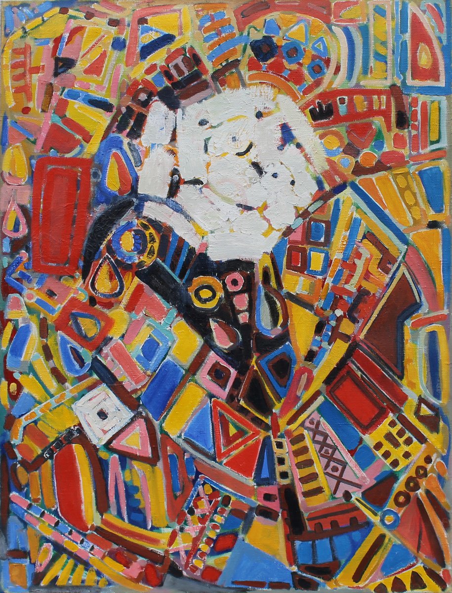 Geometric Botanical Oil Painting By Sergiy Dekalyuk, 35 X 47", White Flowers, Original Artwork