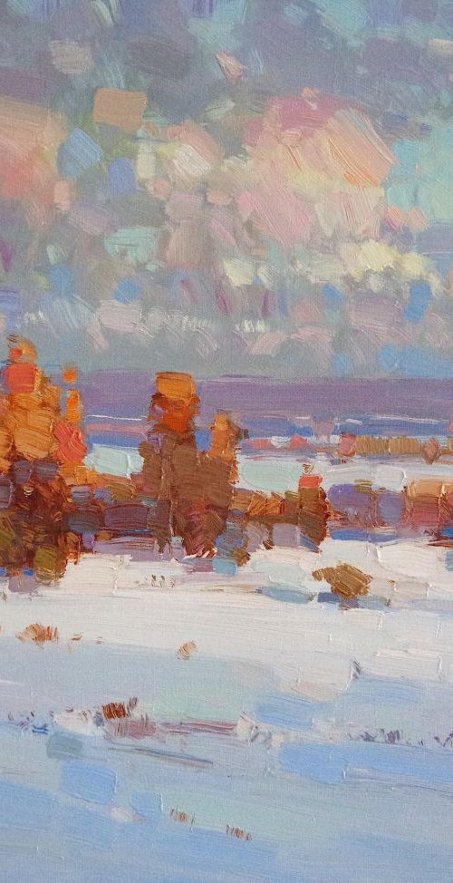Landscape Oil painting, Winter, River Side, One of a kind, Signed with Certificate of Authenticity by Vahe Yeremyan