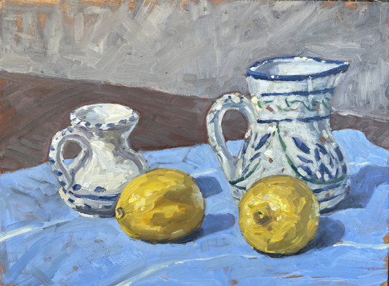 Still life with china and lemons