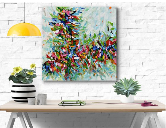 Burst of Flowers II - Abstract Original Acrylic Painting, Textured Palette Knife Wall Art Canvas