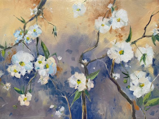 Apricot tree blooming - original oil painting