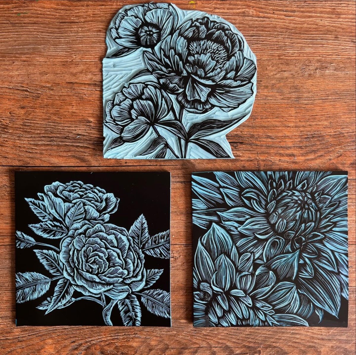 Botanical Linocut By Amy Cundall, 8 X 8, Roses, Dahlias And Peonies, Original Artwork