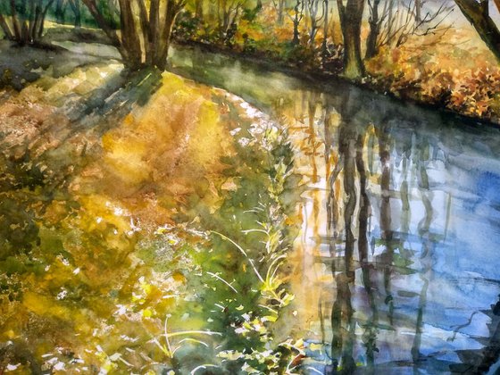 Autumn river landscape - Watercolor