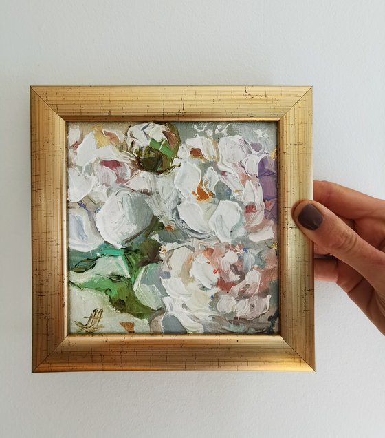 Miniature flowers painting, Textural white floral painting
