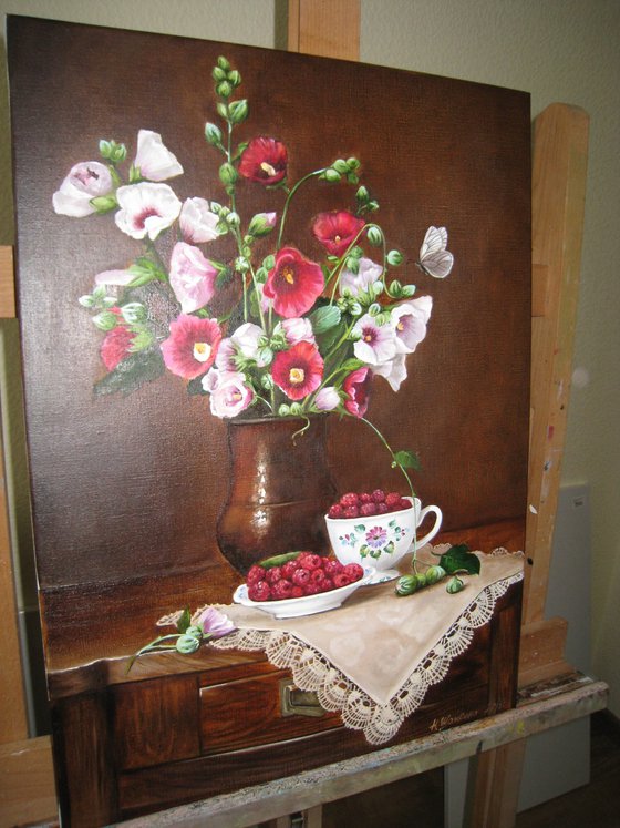 Hollyhocks Floral Bunch, Dark and Moody Brown Still life