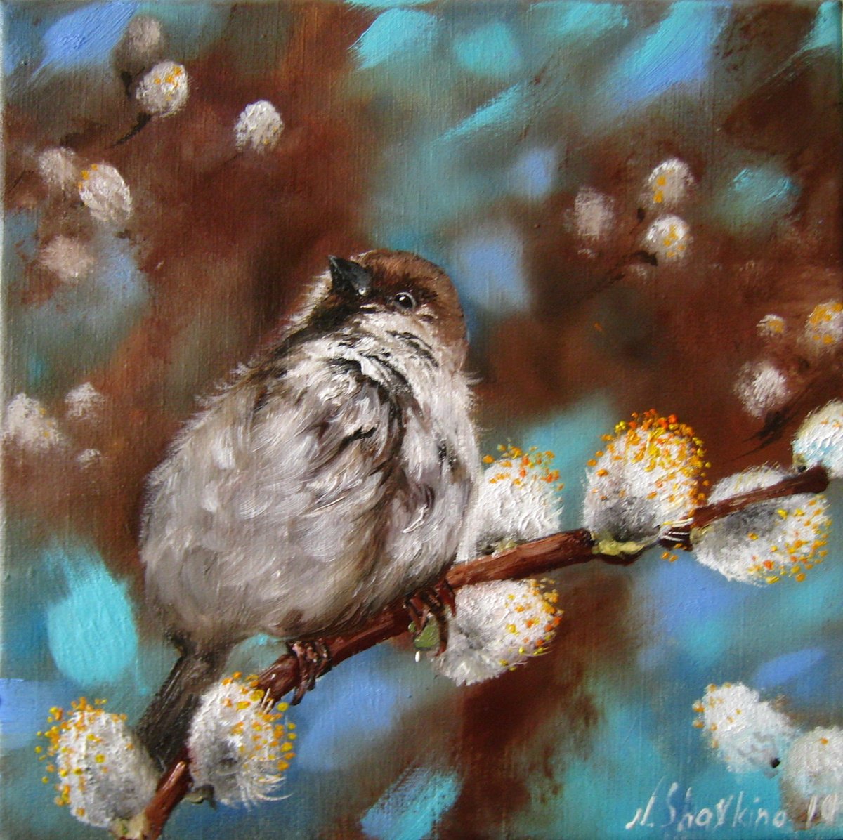 Impressionistic Animal Oil Painting By Natalia Shaykina, 8 X 8", Spring Sparrow On Willow, Original Artwork