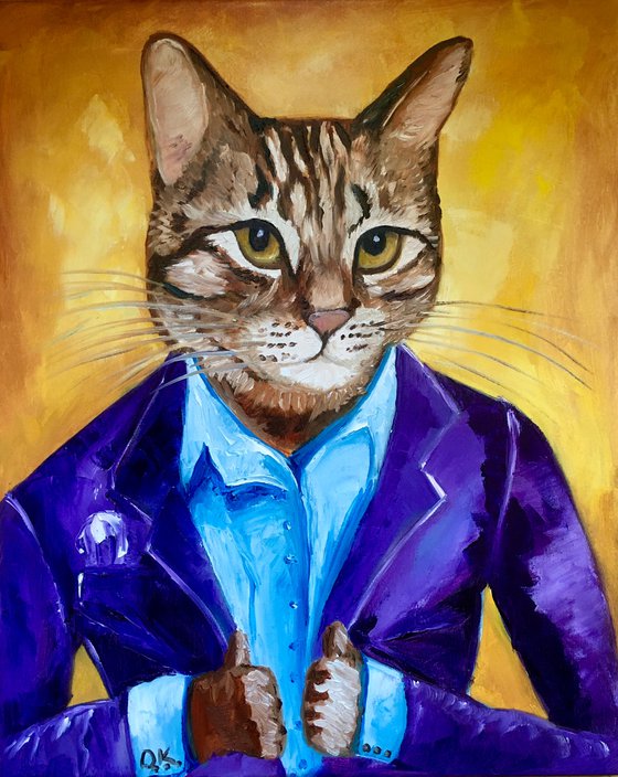 Troy The  Cat, dressed smart,   oil painting for cat lovers