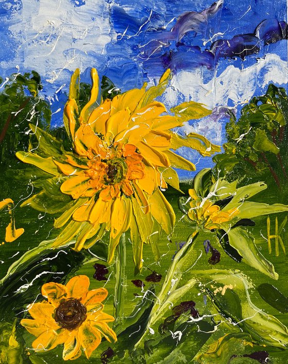 Sunflower Painting Floral Original Art Flower Small Oil Impasto Artwork 8 by 10" by Halyna Kirichenko