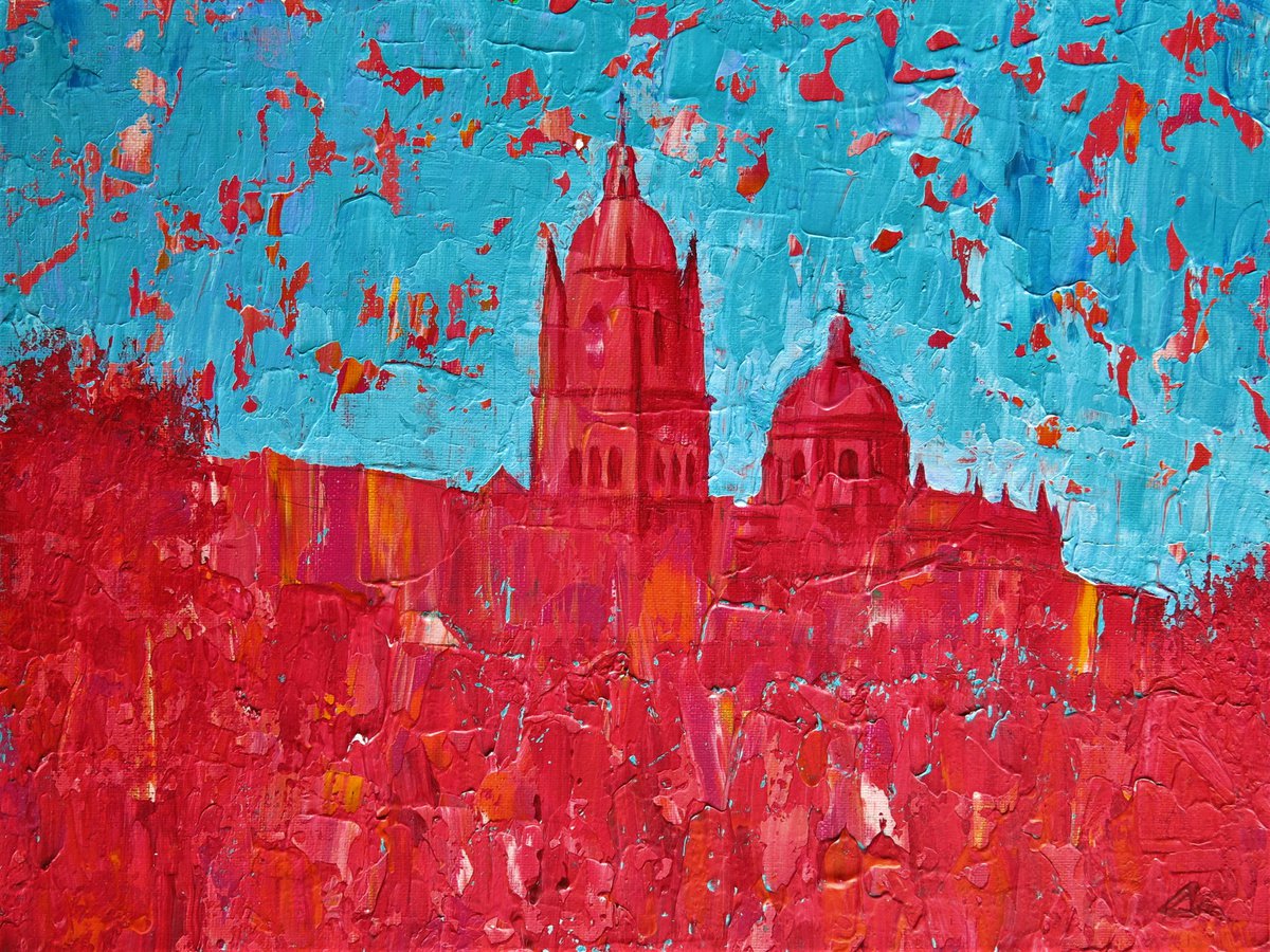 Impressionistic Cityscapes Acrylic Painting By Denys Kuvaiev, 14 X 18, Red Salamanca, Original Artwork