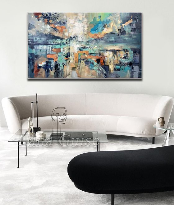 Shining Light - Extra Large Abstract Painting 71" x 40" , Oversize Canvas, Gray, Blue Gold Leaf Soft Colors White Gray Painting