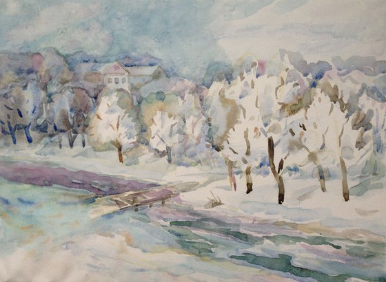 Winterscape/Trees/White/hoar frost,48x36cm,free shipping