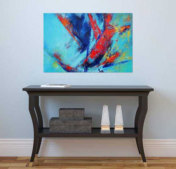 Large Abstract Blue Teal Red Landscape Painting. Modern Textured Art. Abstract. 61x91cm.