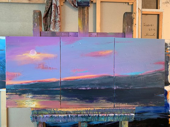 Bright landscape - "Violet mountain" - Seascape - Triptych - Minimalism - Sunset