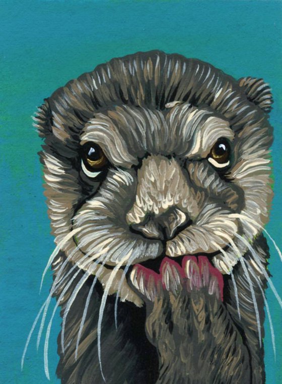 ACEO ATC Original Miniature Painting River Otter Wildlife Art-Carla Smale