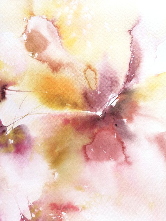 Yellow abstract flowers watercolor painting "Sunny day"