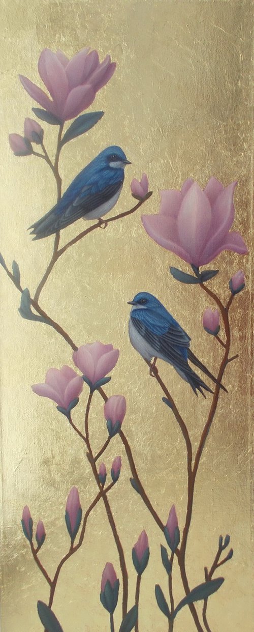 "Swallows", blue birds painting by Tatyana Mironova