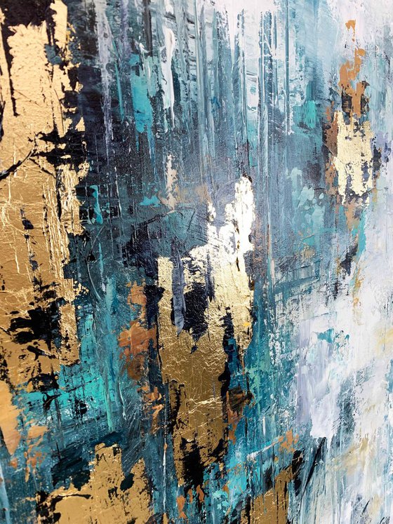 Sky Reflect - Abstract Painting 36" , Gold Leaf Large Painting, Wall Art, Abstract Art, Contemporary Art, Living Room Minimalist Painting